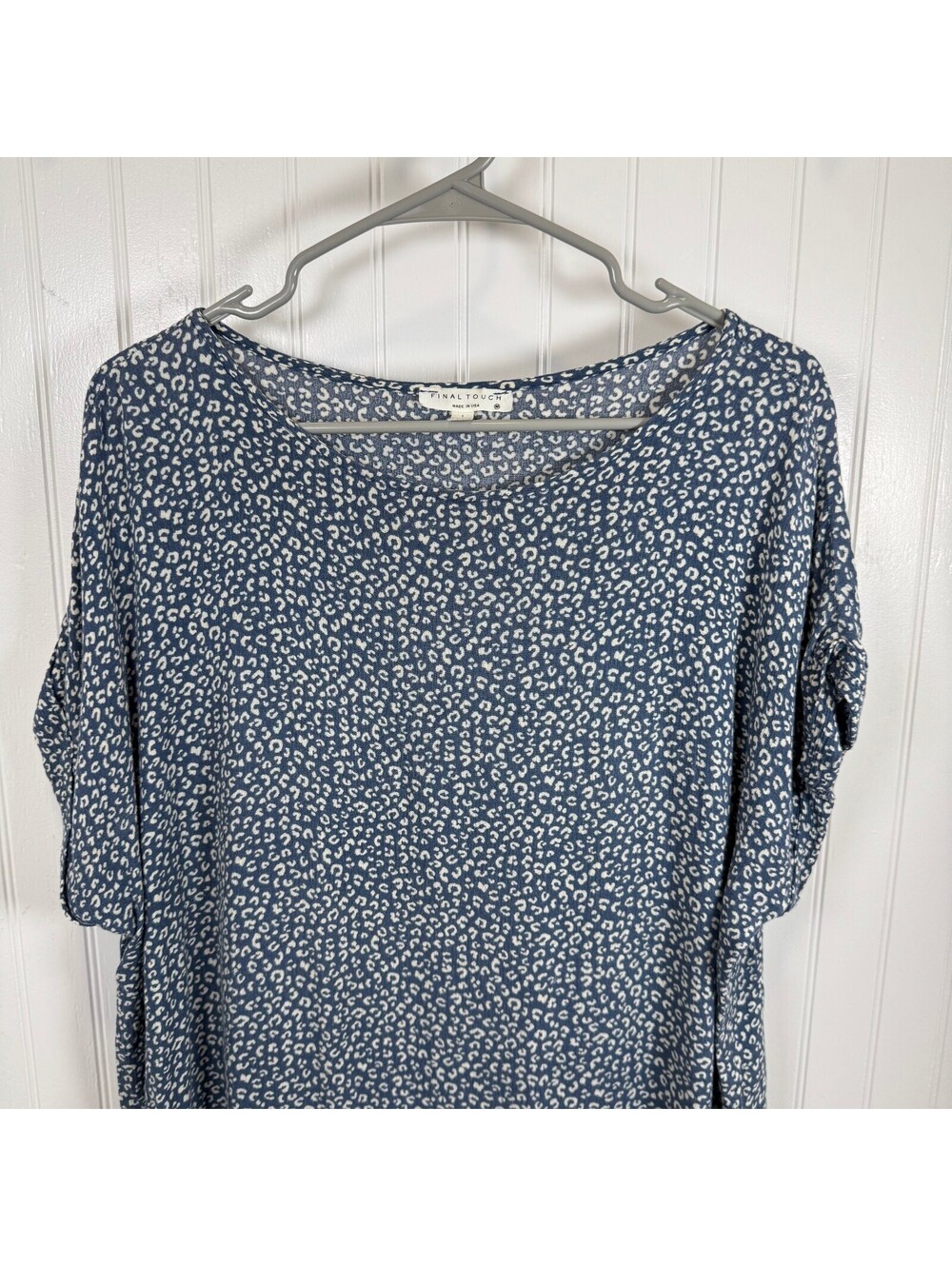 Final Touch USA Blue White Animal Leopard Print Blouse Dolman Sleeve Size M